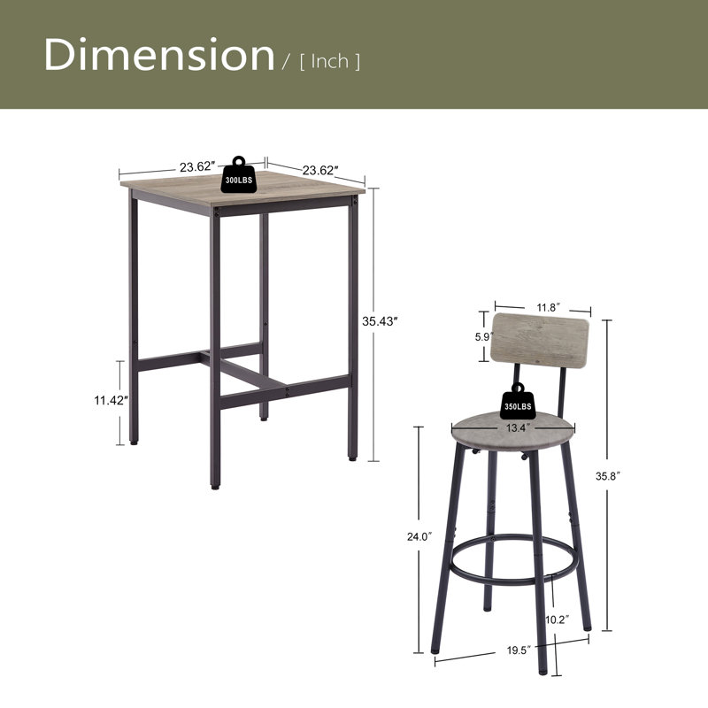 Ensemble de table de bar avec 2 tabourets de bar et siège souple en polyuréthane, Gris, Gris, Gris