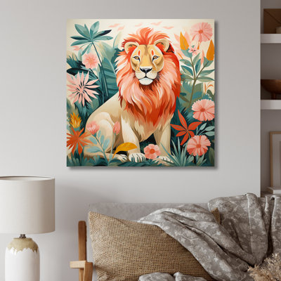 Décoration murale lion rose et vert en forêt I - Lion