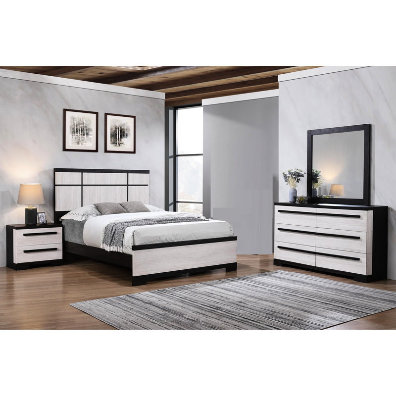Moderne, cadre de grand lit, tête de lit à deux tons géométrique saisissante, couleurs ébène et crème, style transitionnel, pour chambre à coucher, assemblage transitionnel simple, lit, craie accrocheuse
