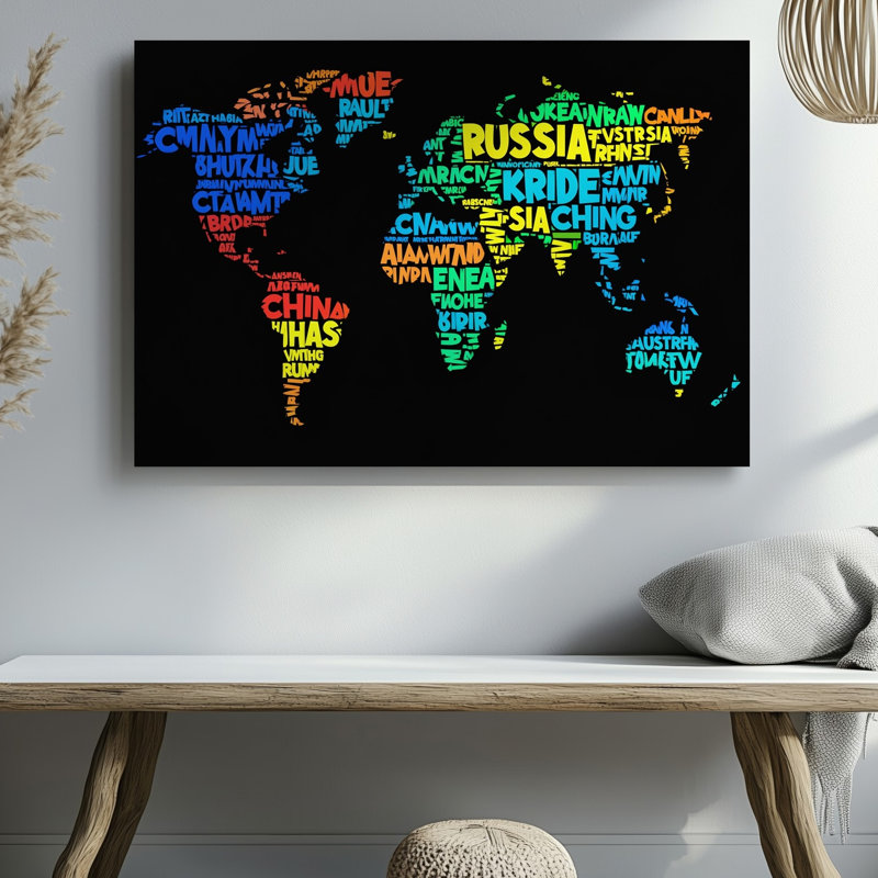 Toile, "Créez une carte du monde abstraite et vibrante" composée entièrement d'étiquettes de texte d'art mural colorées représentant des pays avec un art mural sur toile foncé
