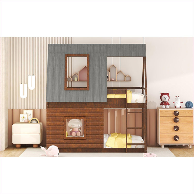 Lit simple superposé peu encombrant de style maison en bois massif brun classique avec échelle de toit et deux fenêtres