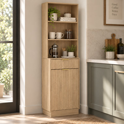 Tall Narrow Pantry Cabinet with Tilt-Out Trash Bin Compartment, Fluted Walnut Kitchen Storage Cabinet with Drawer and Open Shelves