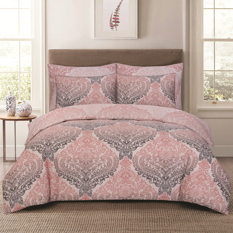 Complete Bedding Set Cotton Rich Damsk Duvet Cover, Fitted Sheet & Pillowcases Soft, Breathable & Wrinkle-Resistant, Pink