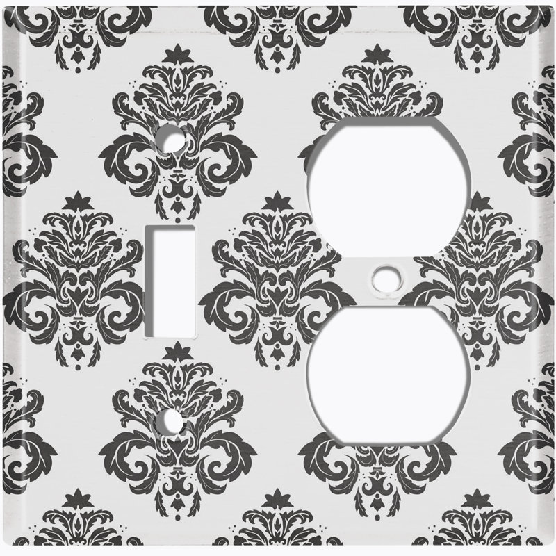 Metal Light Switch Plate Outlet Cover (Damask Grey - (L) Single Toggle / (R) Single Outlet), Grey