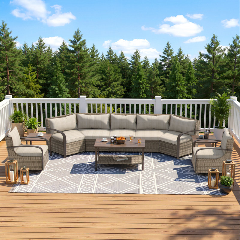 8-Piece Outdoor Sofa Set, Rattan Patio Couch Sectional PE Wicker Garden Furniture Set with 2 Side Tables,A Coffee Table ,Two Swivel Chairs and A 5-Seater Sofa for Backyard, Poolside