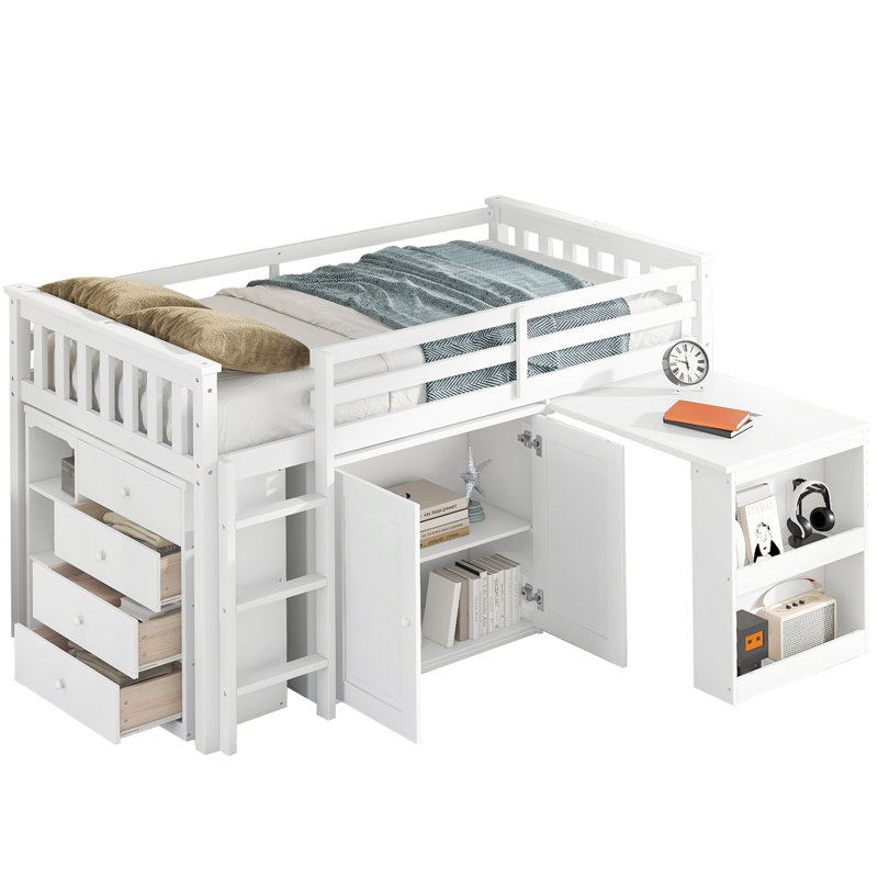 Lit mezzanine simple blanc avec tiroirs et tablettes fonctionnels - armoire, tiroir, tablette, bureau escamotable et pratique