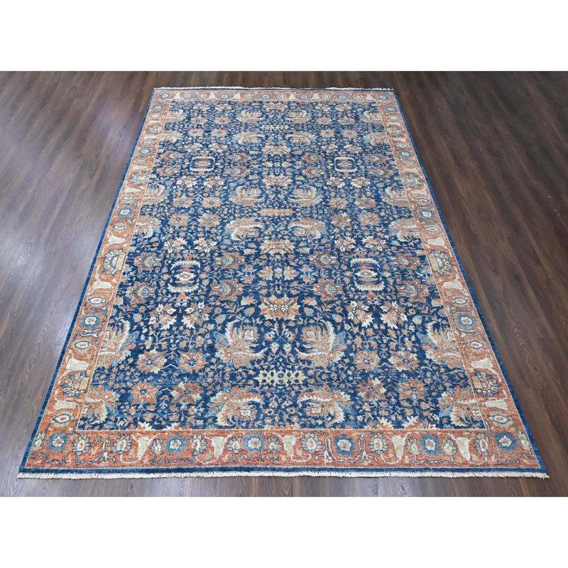 Tapis oriental bleu noué à la main 10 pi 3 po x 13 pi 10 po, motif persan antique noué à la main, teinture végétale, velours zéro, tondeuse basse