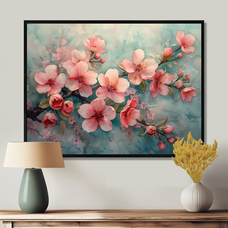 Fleur de cerisier rose rétro - impression d'art mural cerisier en fleurs, H 16 po x l 32 po x P 1 po