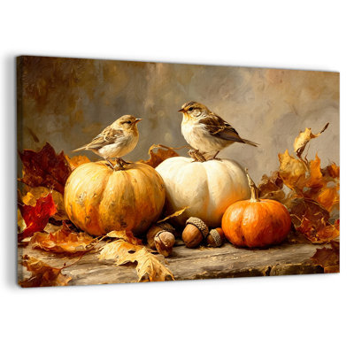 Art mural d'automne, art mural en toile de citrouille avec oiseaux, art mural d'automne, décoration murale d'automne pour le salon, couleur de récolte rustique, style maison de campagne, décoration de chambre confortable, 18 po x 24 po