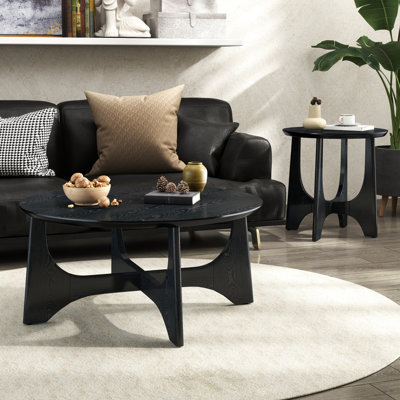 Round Coffee Table and End Table Set, Black MDF Modern Minimalist for Living Room Reception