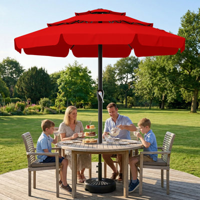 12FT All-Steel 3-Tier Fringed Patio Umbrella with Crank Handle, UPF 50+ UV Protection, 12 Ribs, Water Repellent Outdoor Umbrella for Deck, Backyard & Poolside, Navy