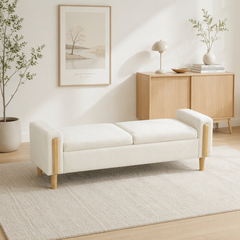 Banc de rangement moderne rembourré de 167 cm de large avec double couvercle, repose-pieds en tissu chenille avec accoudoirs