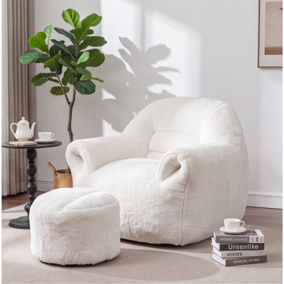 Faux Fur Bean Bag Chair with Back Support and Footstool, White, Cozy Floor Sofa for Living Room, Bedroom, Apartment
