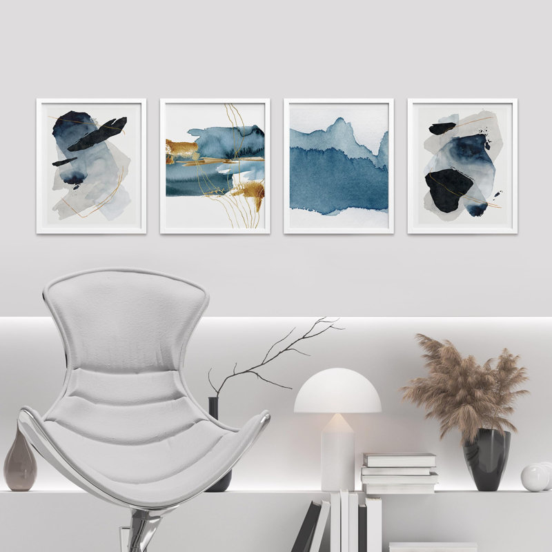 Bleu sarcelle or, coups de peinture pastel - ensemble de 4 reproductions de cadres photo simples, Blanc, H 14 po x l 11 po