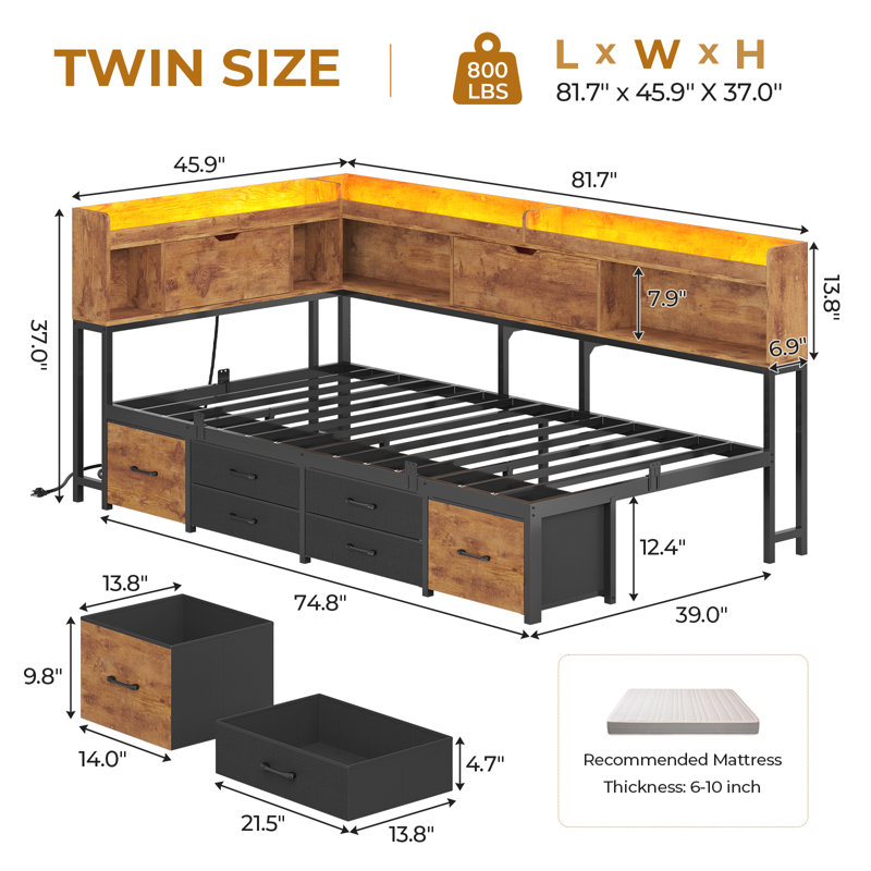 Corner Daybed Frame with 6 Drawers and Storage Bookcase Daybed with Charging Station and LED Lights, Brown, Twin