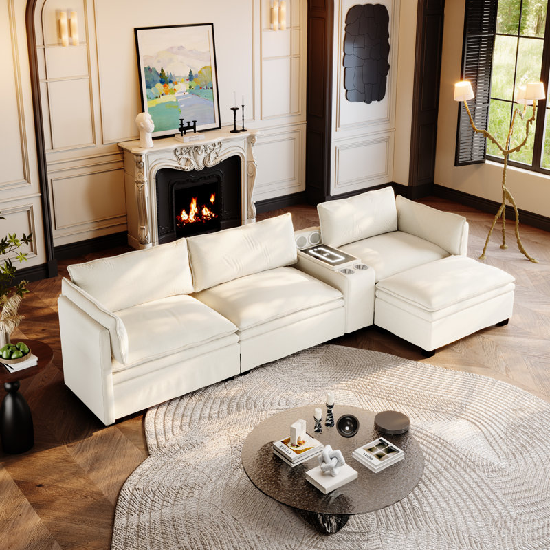 315cm Modular Sectional Sofa, L-shaped Chenille Cloud Couch With Storage, Ottoman, Wireless Charging, Speaker, Light, 2 Cup Holders, Couches For Living Room, Office