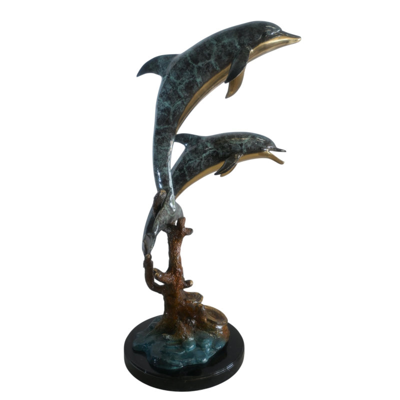 Grande sculpture en bronze avec dauphin et corail, base en marbre 18 po x 16 po x H 39 po