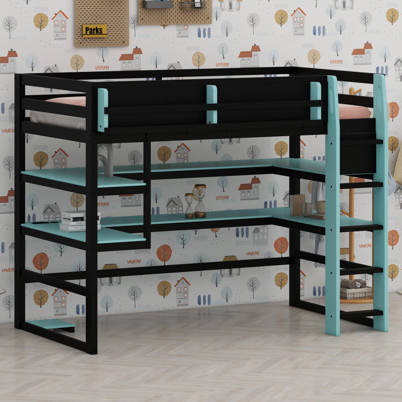 Multifunctional Loft Bed with Integrated Workstation, Side Organization Rack, Extensive Shelving, and Customizable RGB Lighting