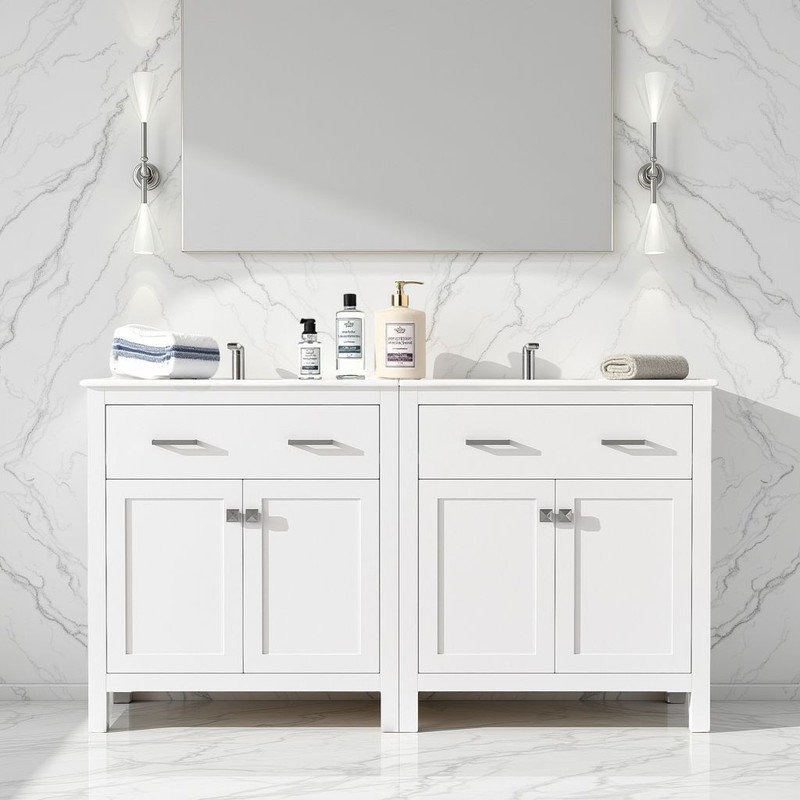 Meuble-lavabo 60 po avec lavabo double 60 po - tiroir escamotable, portes à fermeture en douceur, tablette en U