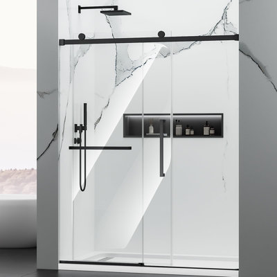 Porte de douche en verre semi-sans cadre coulissante de l 56 à 60 po x H 76 po, verre trempé certifié ANSI et SGCC de 5/16 po (8 mm) avec double revêtement nano, quincaillerie en acier inoxydable et porte-serviettes, noir