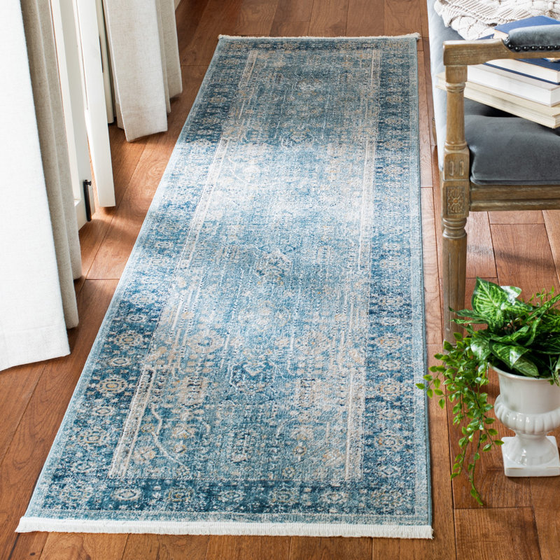 Tapis bleu / ivoire Rumsey, Tapis de couloir 2 pi 2 po x 10 pi