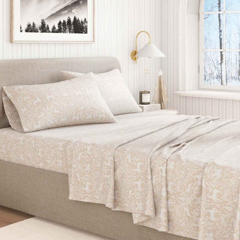 Ensemble de draps 100% flanelle de coton, Ensemble de draps pour grand lit avec 2 taies d'or, Reflets