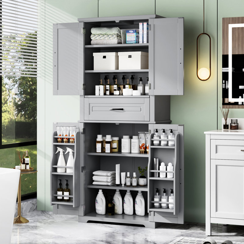 Armoire de rangement de salle de bain grise, intérieur spacieux et conception basculante avec tablettes réglables efficaces