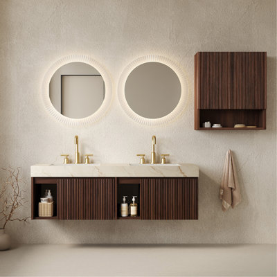 60"+TOBI 26" Combo Set,Floating Wall‑Mounted Bathroom Storage Vanity,Cream Gold Vein Sintered Stone Top,Ceramic Basins,3 Pre‑Drilled Faucet Holes,Faucet & Drain Excluded,Walnut Woodgrain Color