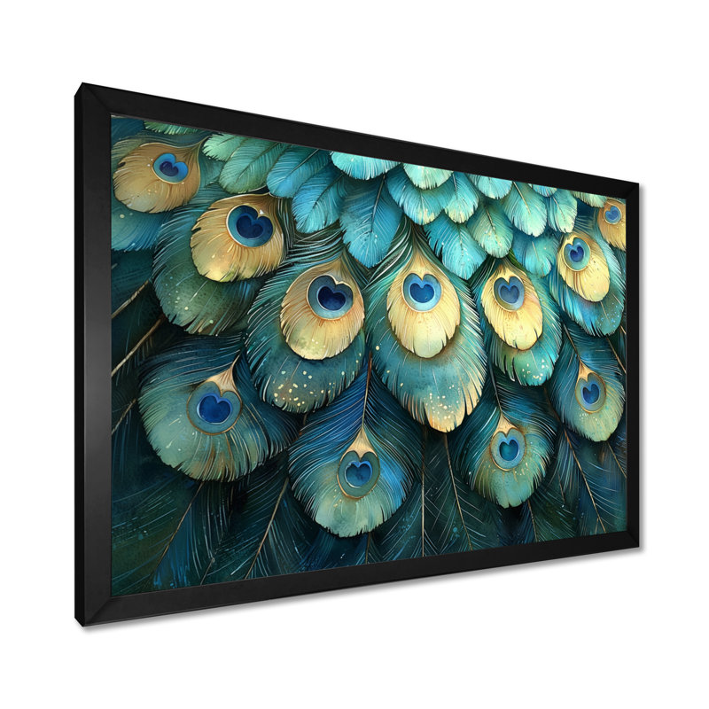Collage de plumes de paon bleu et vert Grinstead II - oiseau, art mural, H 30 po x l 40 po, Cadre simple