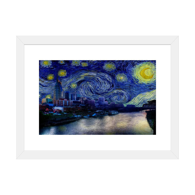 Nashville, Tennessee, nuit étoilée, impression d'art graphique, H 24 po x l 32 po x P 1 po, Papier encadré blanc