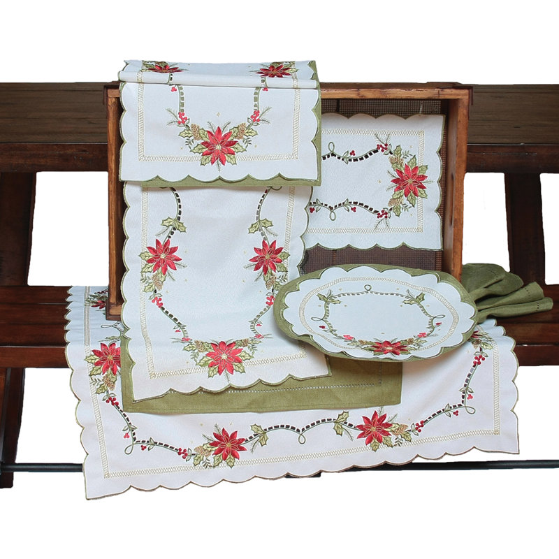 Scrolling Poinsettia Embroidered Cutwork Table Runner, 34" L x 16" W