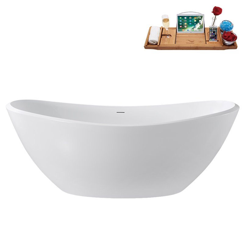 75" Streamline Soaking Glossy White Freestanding Tub and Tray With Internal Drain, Brushed GunMetal