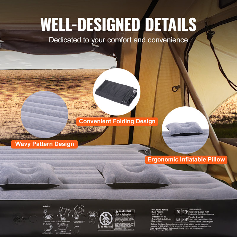 Gray and Black Inflatable Truck Bed Air Mattress with Pump