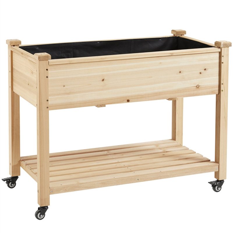 Alhanouf Fir Wood Elevated Planter with Fabric Liner & Wheels, 33'' H x 41.5'' W x 22.5'' D