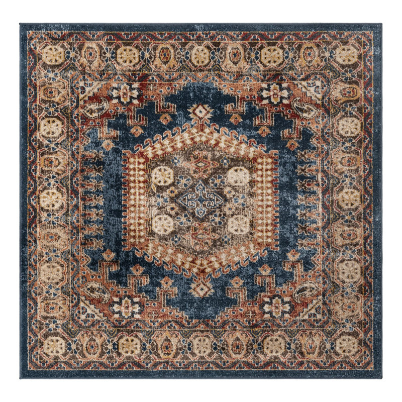 Vern Dark Blue/Brown Area Rug, Blue/Brown, Square 5'3"