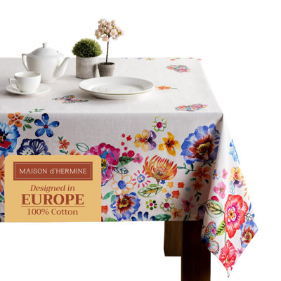 Maison d' Hermine Table Cloth Rectangle Table 100% Cotton 70 x 108 Inches Tablecloth Reusable Decorative for Dining Room Farmhouse Valentines Day Decorations Spring Summer- Happy Florals - High Summer