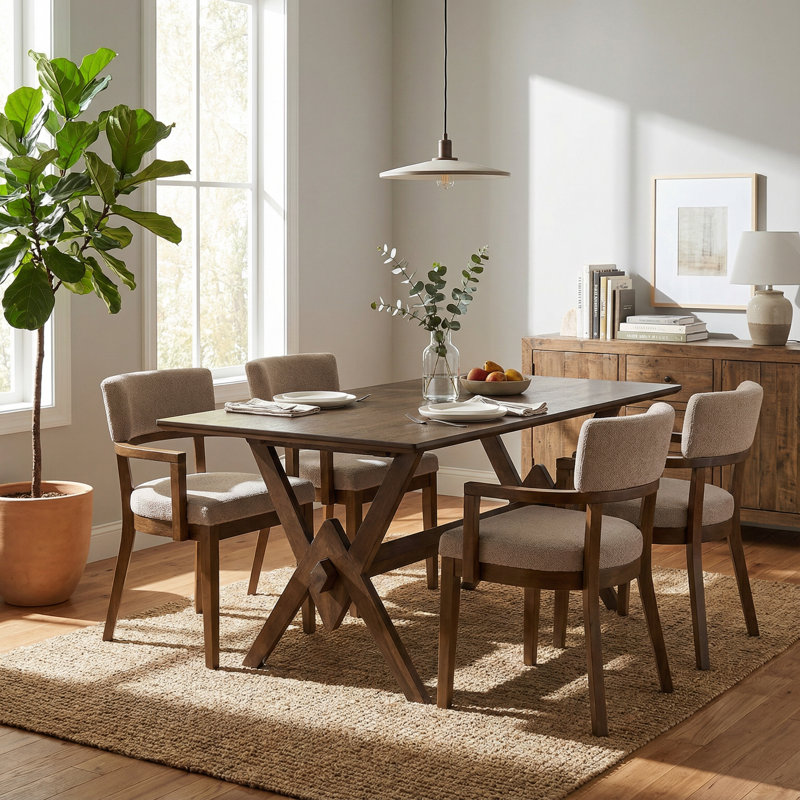 Branson 5-Piece Modern Farmhouse Wood Dining Set With Double V Trestle Table And Boucle Upholstered Armchairs, Walnut/Walnut