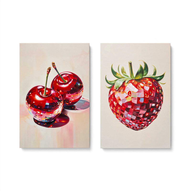 Ensemble de 2 cerises disco et fraises, H 18 po x l 24 po, Toile tendue