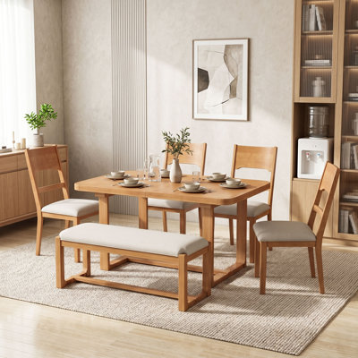 Ensemble de salle à manger extensible 6 pièces avec double table à piédestal rectangulaire, 4 chaises rembourrées et banc