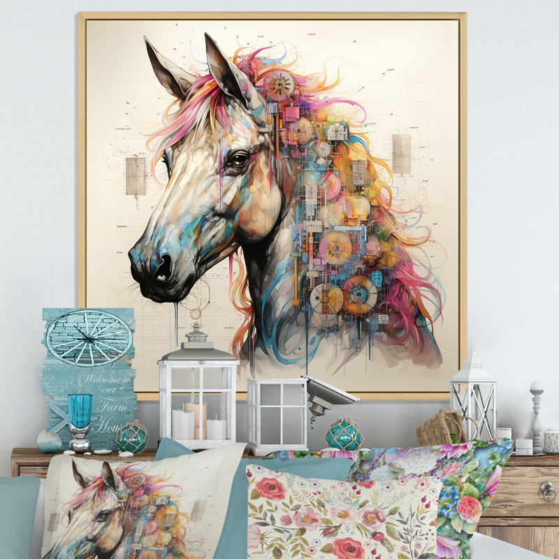 Schéma d'un dessin coloré de licornes sur toile, H 36 po x l 36 po x P 1,5 po, Cadre naturel flottant