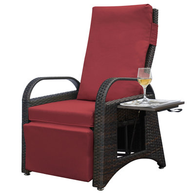 Outdoor Recliner Chair With Ergonomic Support, 2 Buckle Mechanism, And Convenient Hidden Table, Brown + Red Garden Hand - Woven , Adjustable Footrest, Space Saving Design For Relaxation,