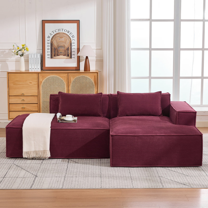 Canapé modulaire en velours côtelé à compression en L 92 po, canapé rembourré doux et désossé moderne avec jeté, aucun assemblage requis pour le salon
