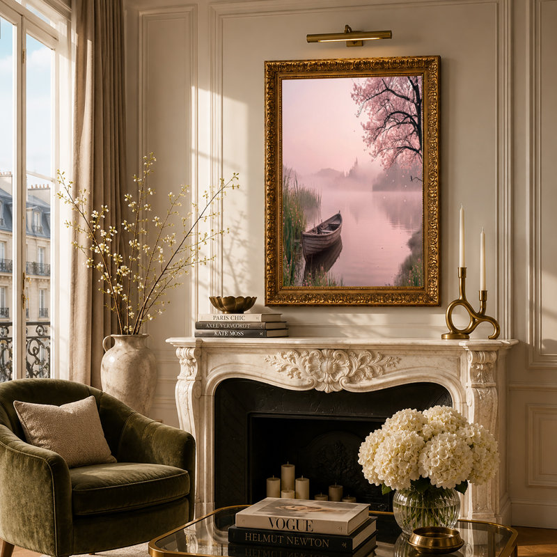 Toile en bois en bois par Pink Cherry Blossom Tree on Misty Lake, impression sur toile, H 20 po x l 30 po