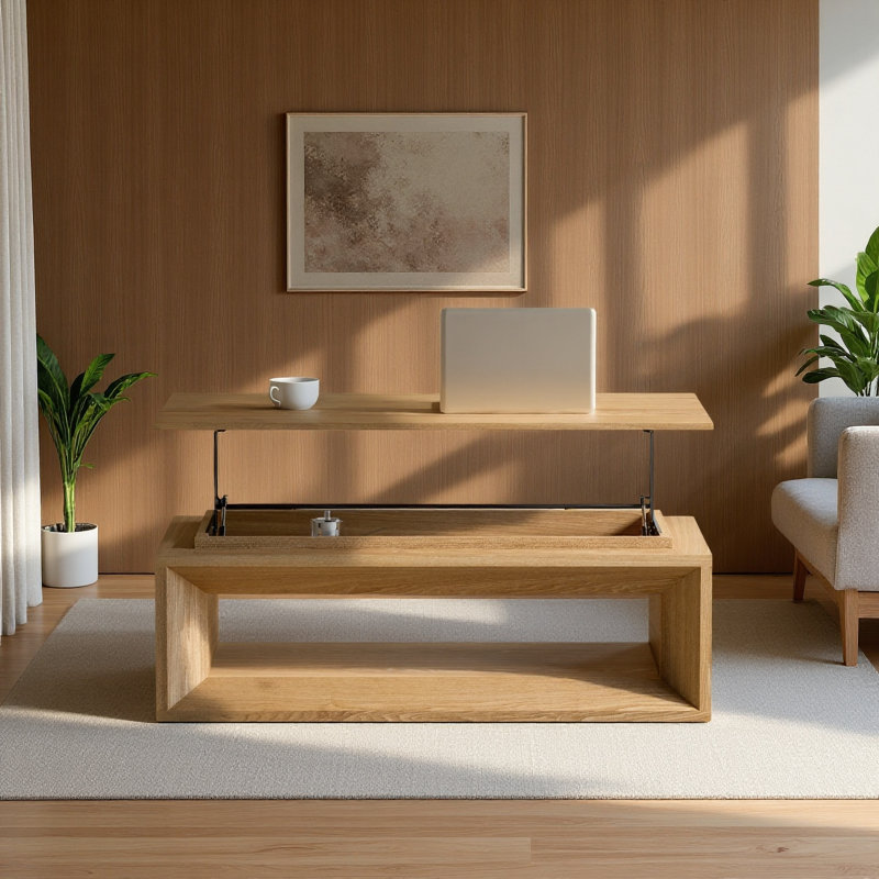Table basse à plateau relevable de 43,5 po avec rangement et hauteur réglable, table basse moderne avec placage en bois massif pour le salon