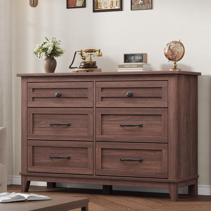 Commode 6 tiroirs, commode large 47 po avec rangement autoportant, commode en bois, Brun