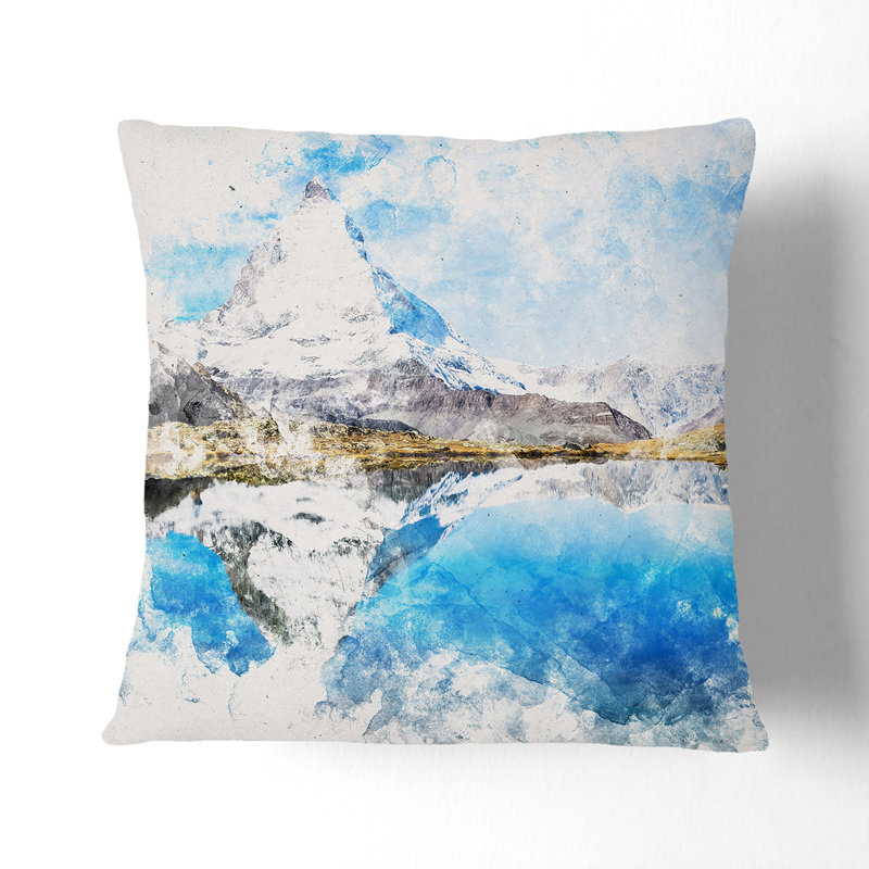 Matterhorn Mountain in Zermatt Switzerland Watercolour Cushion with Filling, 40cm H x 40cm W x 15cm D
