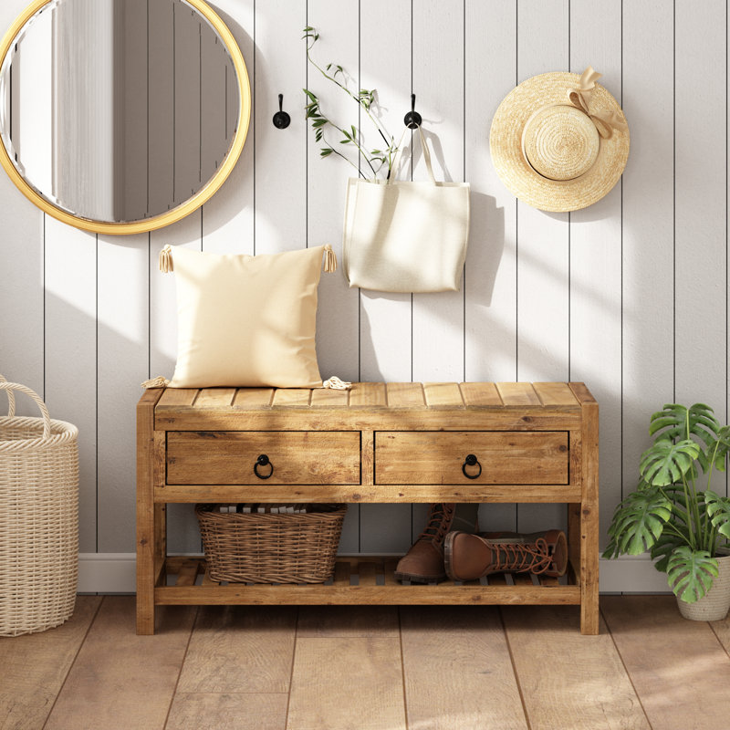 Banc de rangement en bois massif récupéré avec tablettes de rangement, H 15,7 po x l 31,4 po x P 11,8 po - 2 tiroirs