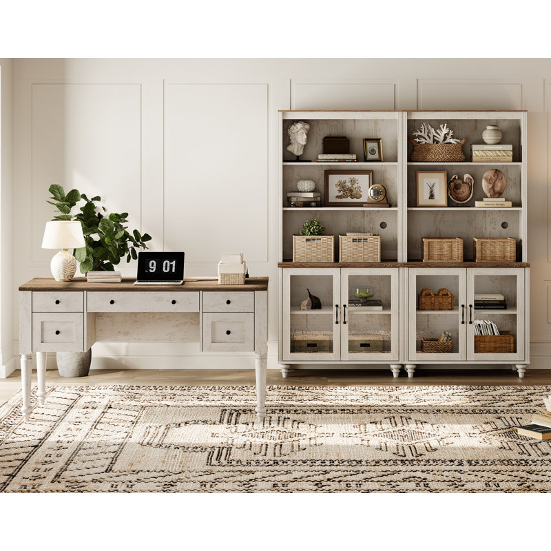 2 - Piece Office Set, 56" Executive Desk & Set Of 2 Bookcases With Glass Doors, Rustic White