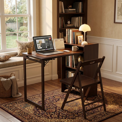 Mid-Century Bamboo Folding Computer Desk With Hidden Storage For Small Spaces, Walnut Brown