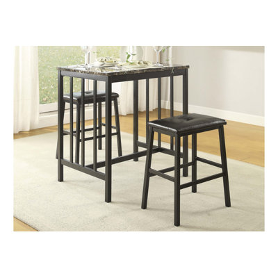 Metal 3Pc Counter Height Set Table And 2 Stools, Faux Marble Tabletop, Faux Leather Upholstery, Restaurant Cafe Breakfast Furniture
